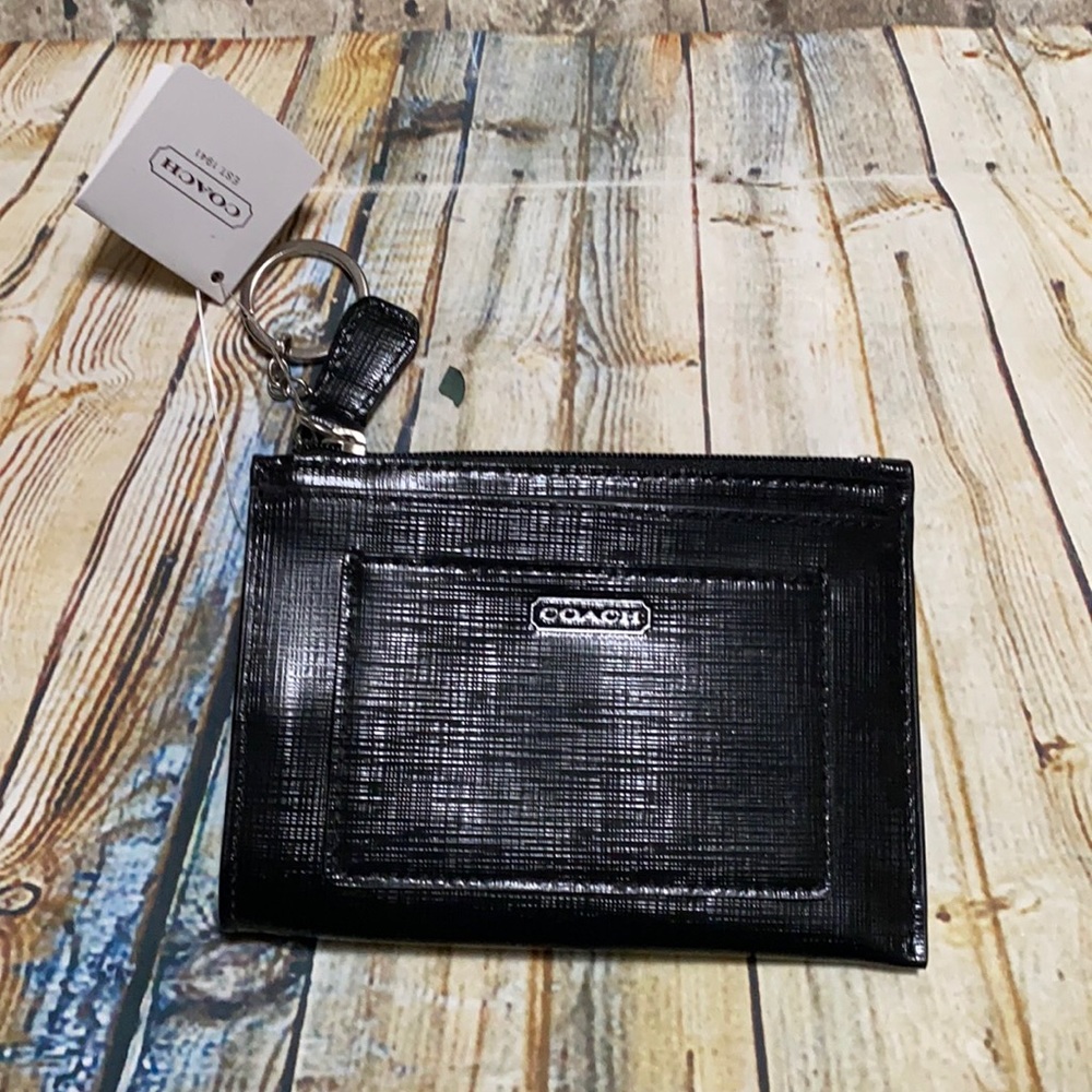 Coach Saff Patent Leather Medium Skinny Wallet NWT Black/Silver